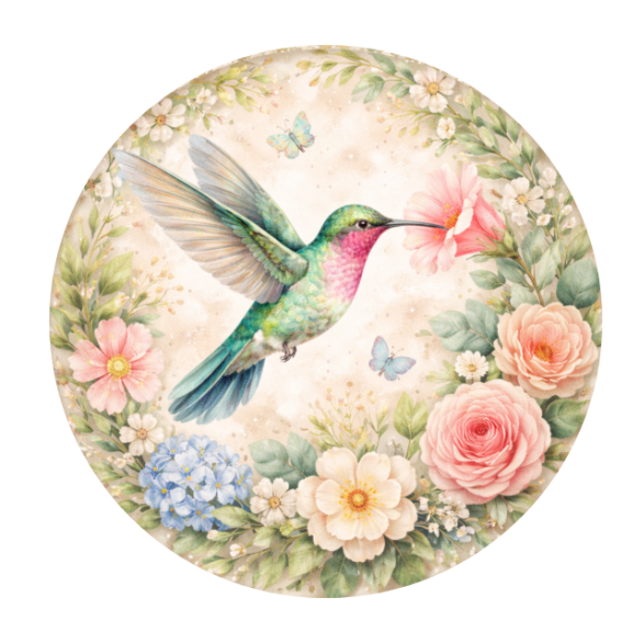 10" Hummingbird Floral Wreath Sign, Metal Wreath Sign