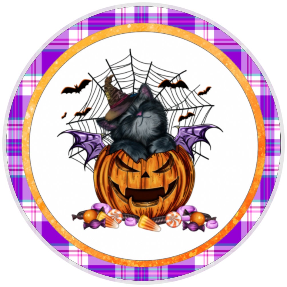 10 Halloween Plaid Cat Sign, Halloween Wreath Sign, Home Decor