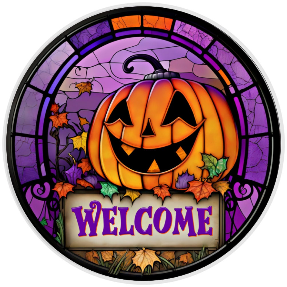 10 Stained Glass Look Halloween Pumpkin Welcome Sign, Wreath Sign, Home Decor