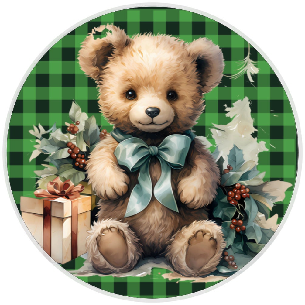 10 Checkered Teddy Bear Christmas Wreath Sign, Wreath Sign, Home Decor