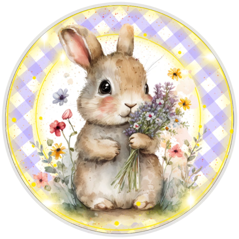 10 Checkered Bunny Sign, Metal Wreath Sign, Home Decor