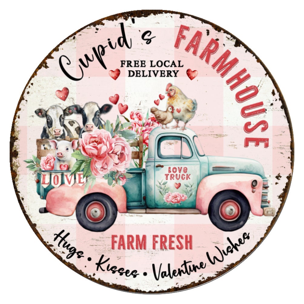 10 Cupids Love Truck Valentine Sign, Wreath Sign, Home Decor
