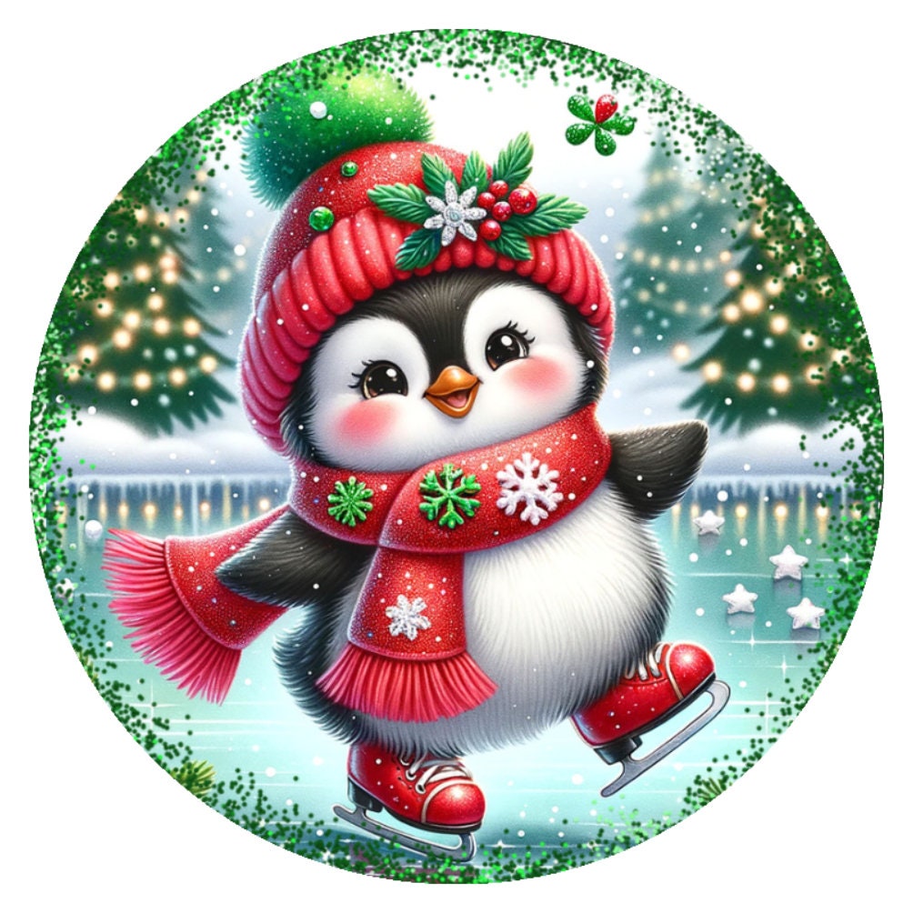 10 Penguin Skating Christmas Sign, Metal Wreath Sign, Home Decor