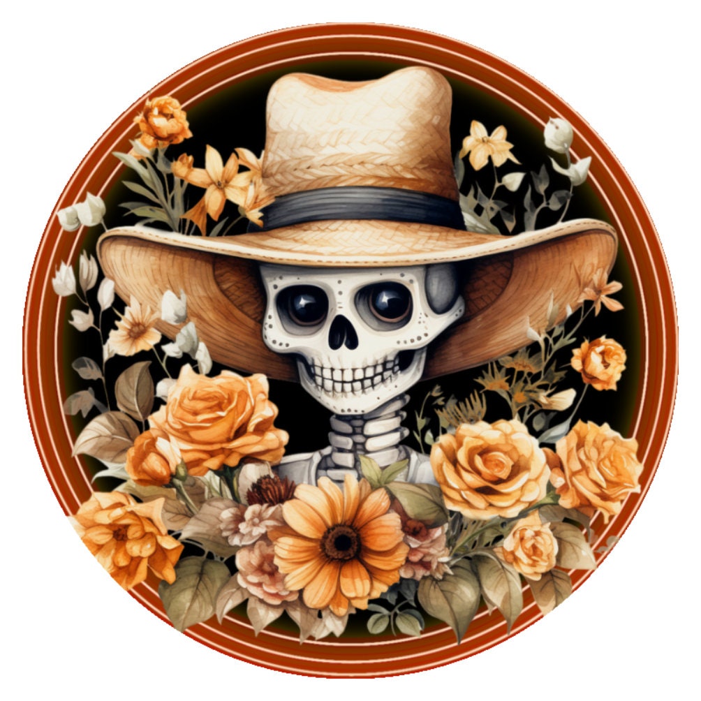 10 Floral Skeleton Floppy Hat Halloween Sign, Wreath Sign, Metal Sign, Home Decor