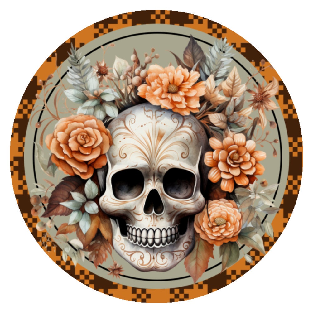 10 Plaid Skeleton Floral Halloween Sign, Wreath Sign, Metal Sign, Home Decor
