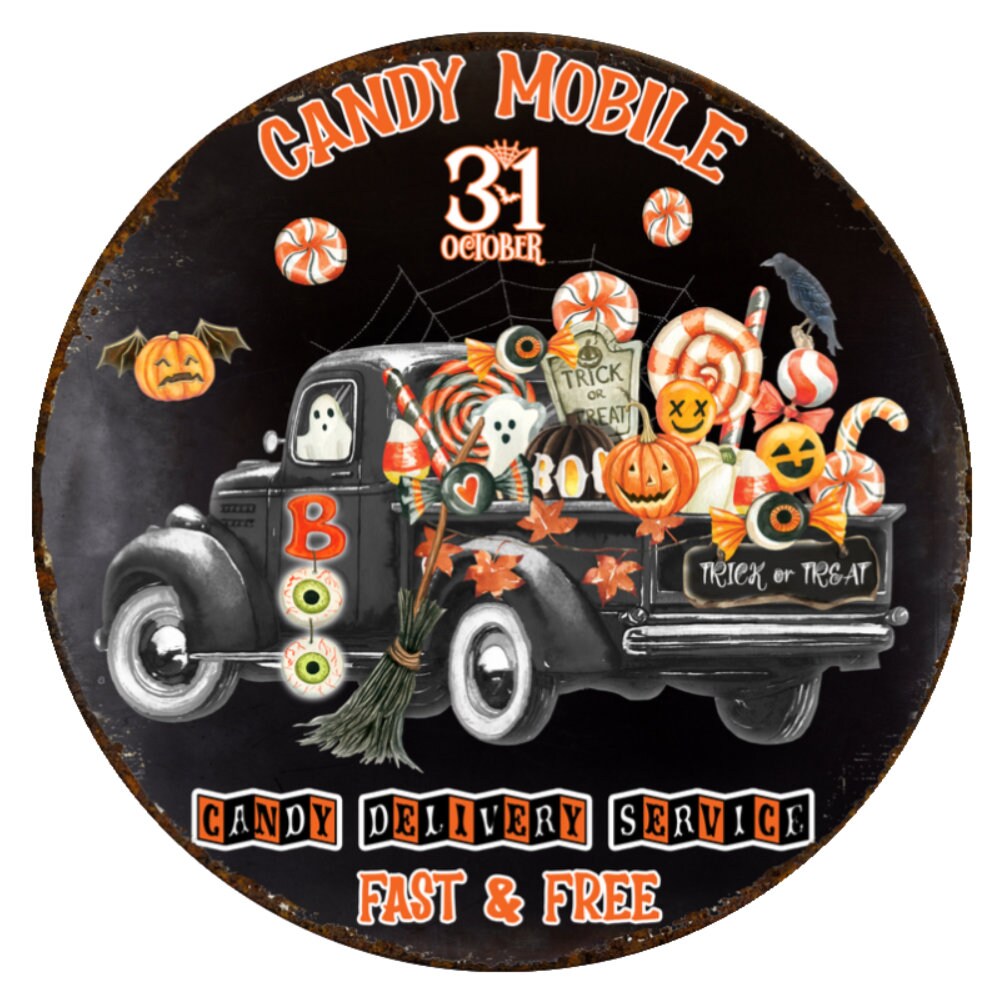 10 Halloween Candy Truck Sign, Halloween Wreath Sign, Metal Sign, Home Decor