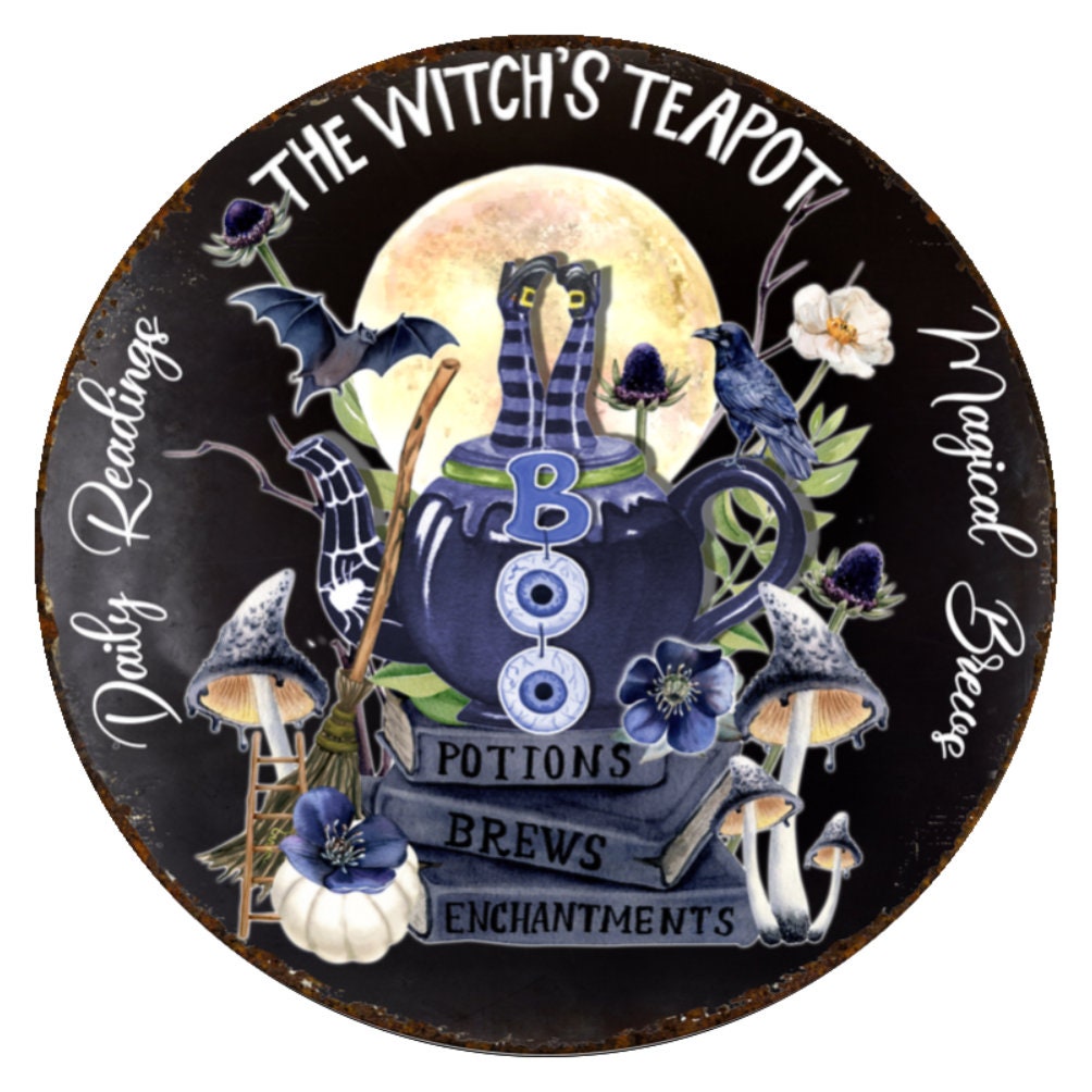 10 Halloween Witch Teapot Sign, Halloween Wreath Sign, Metal Sign, Home Decor