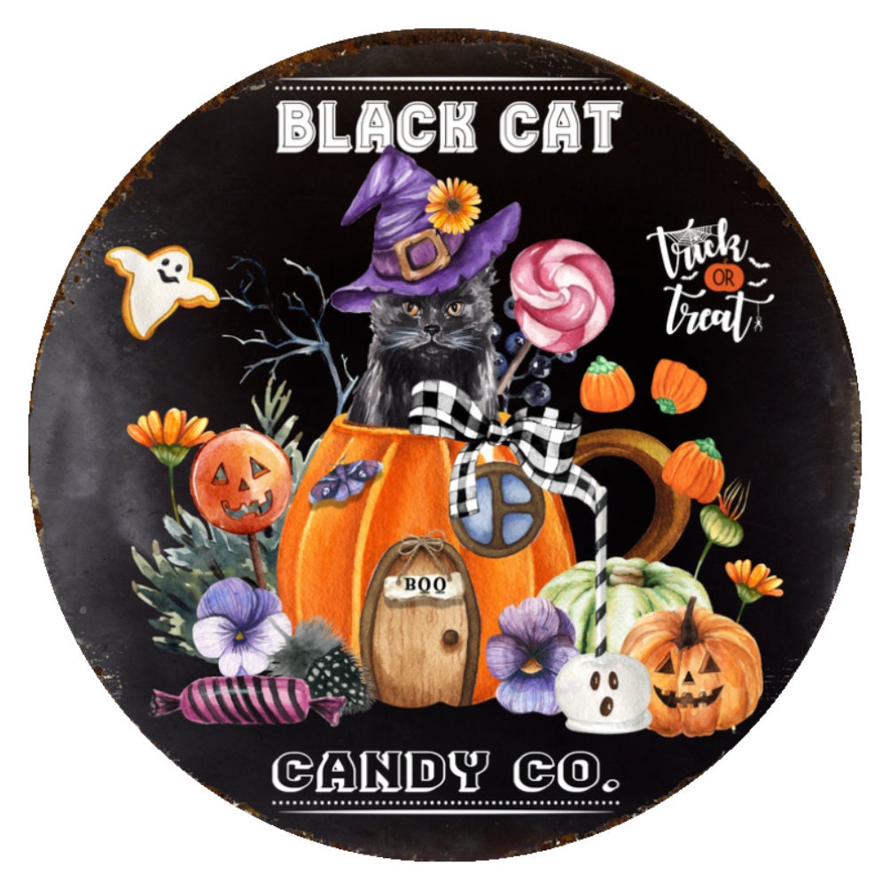 10 Halloween Black Cat Candy Sign, Halloween Wreath Sign, Metal Sign, Home Decor