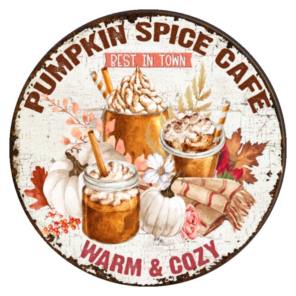 10 Fall Pumpkin Spice Cafe Sign, Autumn Wreath Sign, Metal Sign, Home Decor