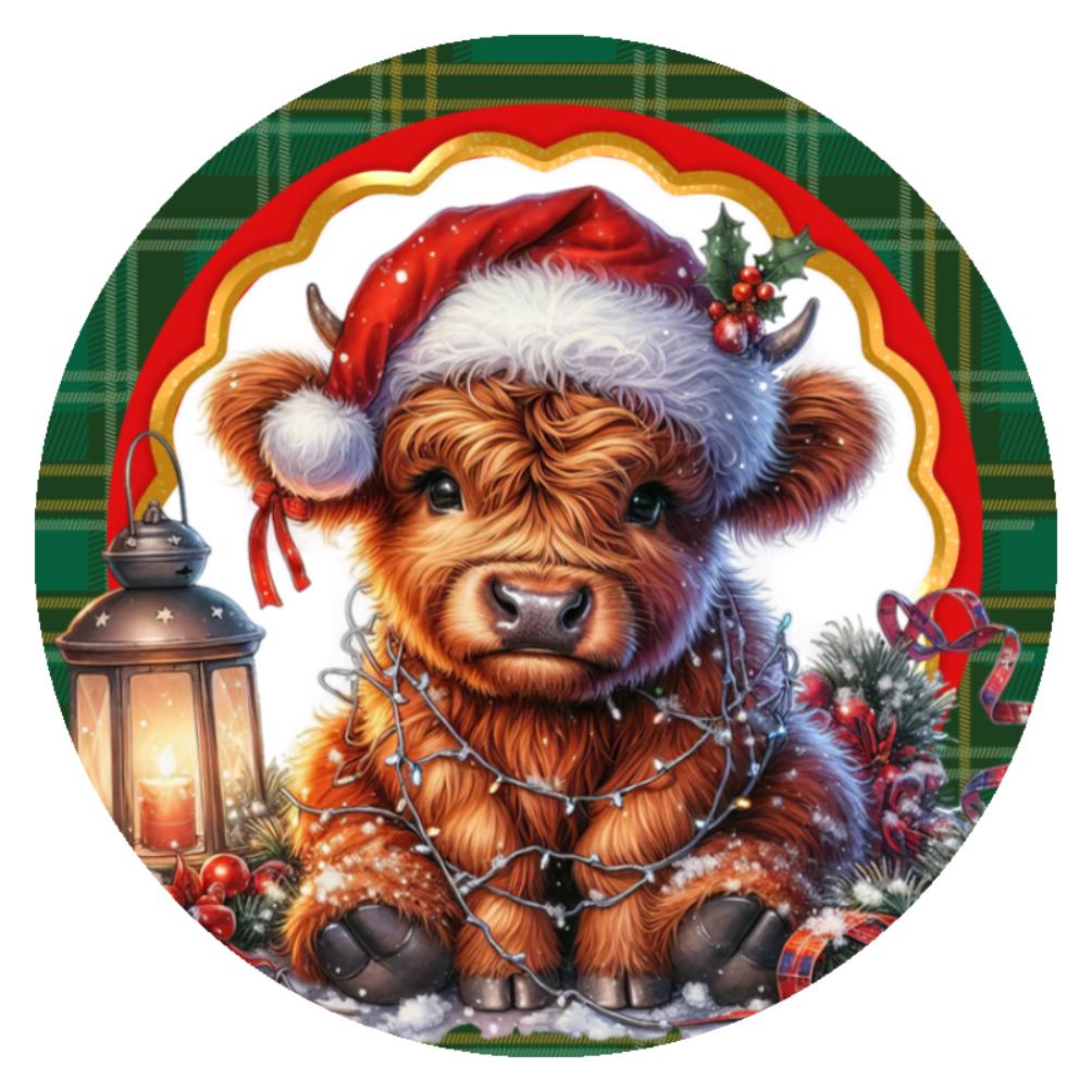 10 Baby Highland Cow Plaid Christmas Sign, Wreath Sign, Metal Sign, Home Decor
