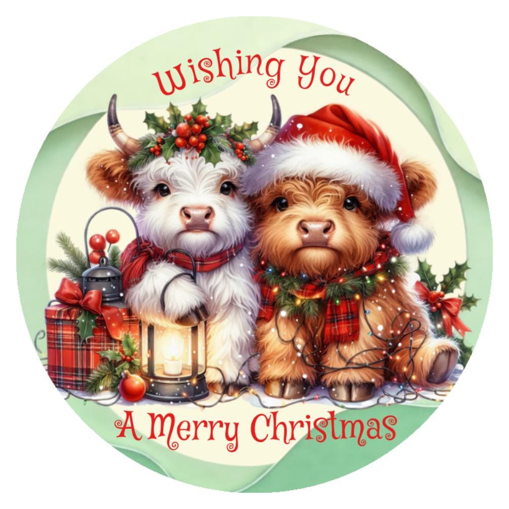 10 Baby Highland Cows Wishing Merry Christmas Sign, Wreath Sign, Metal Sign, Home Decor