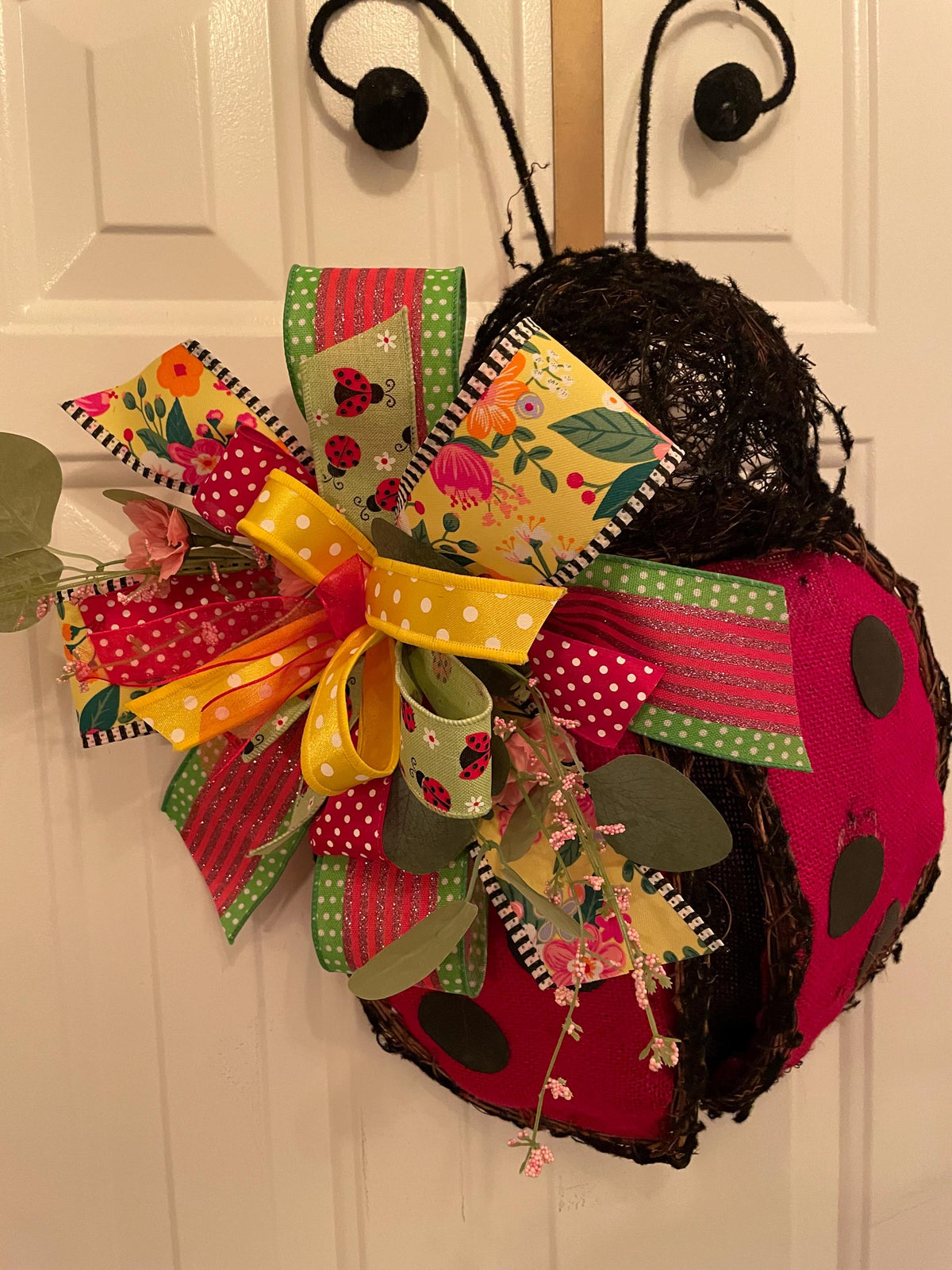 Ladybug Wreath Door Decoration Lime Ribbon - 21 x 17 Inches One-of-a-Kind Summer Décor