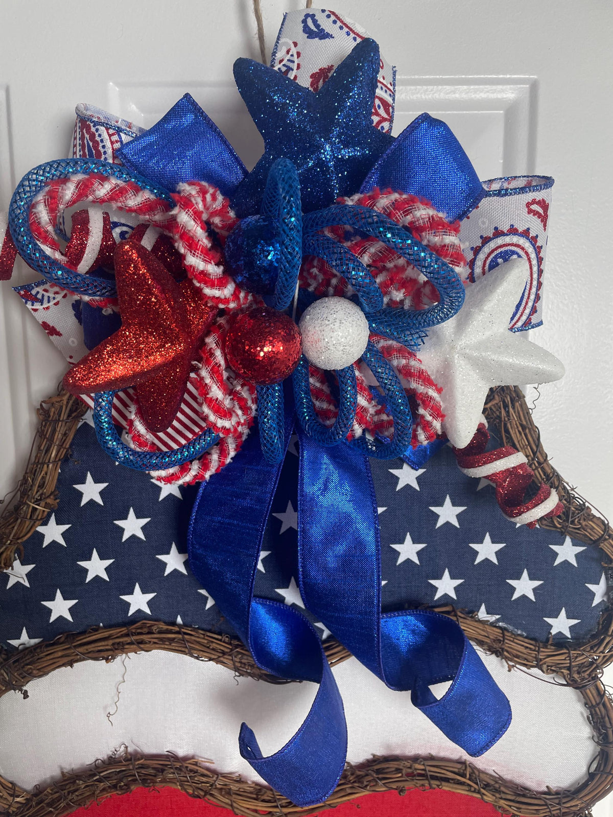 Patriotic Ice Cream Cone Wreath Door Decoration Blue Ribbon - 15 x 36 Inches One-of-a-Kind Summer Décor