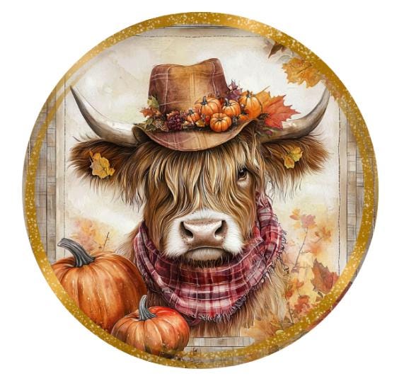 10 Highland Cow Burgandy Plaid Fall Wreath Sign, Wreath Sign, Metal Sign, Home Decor