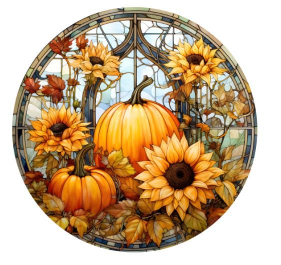 10 Fall Stained Floral Pumpkin Glass Look Sign, Wreath Sign, Metal Sign, Home Decor