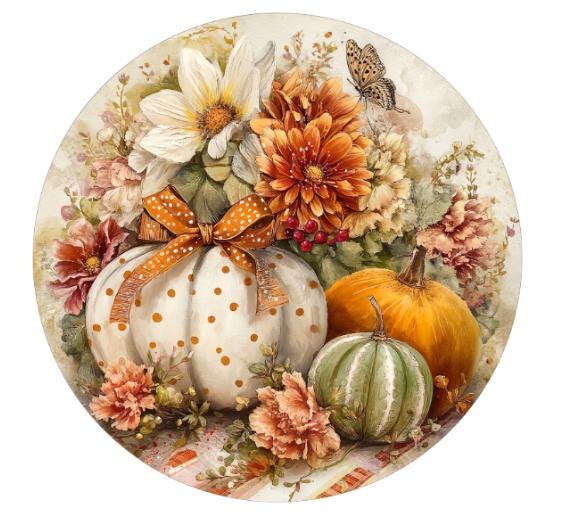 10 Fall Floral Farmhouse Pumpkin Gourd Country Sign, Wreath Sign, Metal Sign, Home Decor