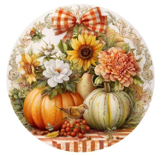 10 Fall Floral Farmhouse Pumpkin Sunflower Checked Bow Sign, Wreath Sign, Metal Sign, Home Decor