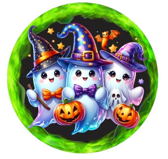 10" Vibrant Ghost Trio Halloween Sign, Wreath Sign, DIY Wreath Maker Sign, Metal Sign, Home Decor
