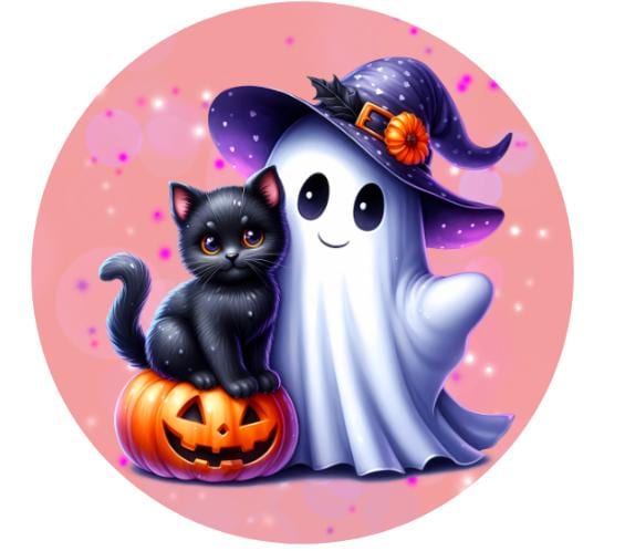 10" Pink Ghost Black Cat Pumpkin Halloween Sign, Wreath Sign, DIY Wreath Maker Sign, Metal Sign, Home Decor