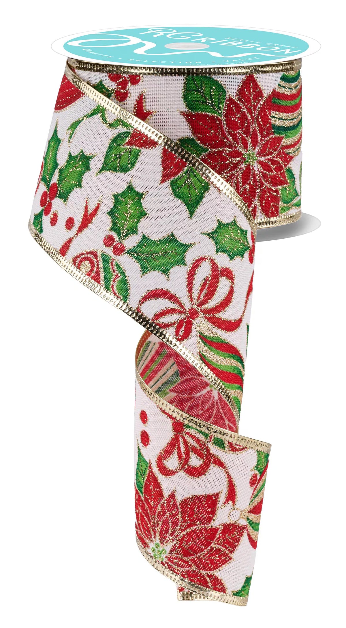 Poinsettia Ornament Silver Edged Wired Ribbon – 2.5" x 10 Yards, Christmas Wreath Ribbon, Craft Supplies