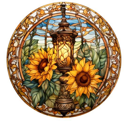 10 Fall Stained Glass Look Sunflower Lantern Sign, Wreath Sign, Metal Sign, Home Decor