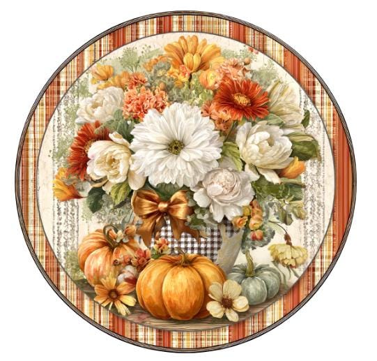 10 Fall Floral Pumpkin Rust Plaid Sign, Wreath Sign, Metal Sign, Home Decor