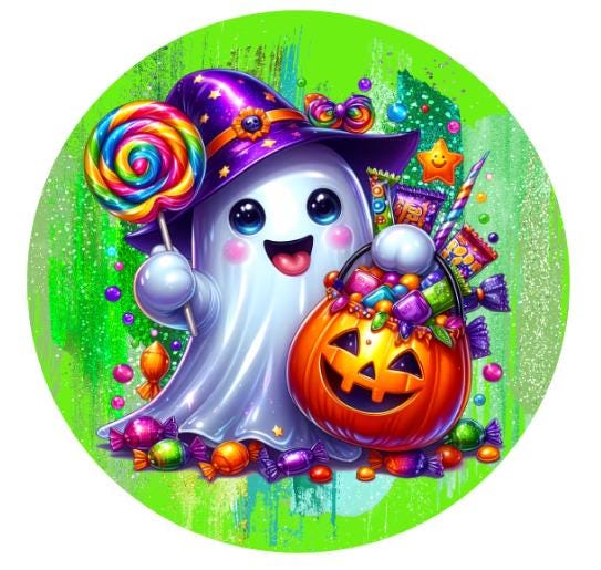 10" Ghost Candy Pumpkin Halloween Sign, Wreath Sign, DIY Wreath Maker Sign, Metal Sign, Home Decor