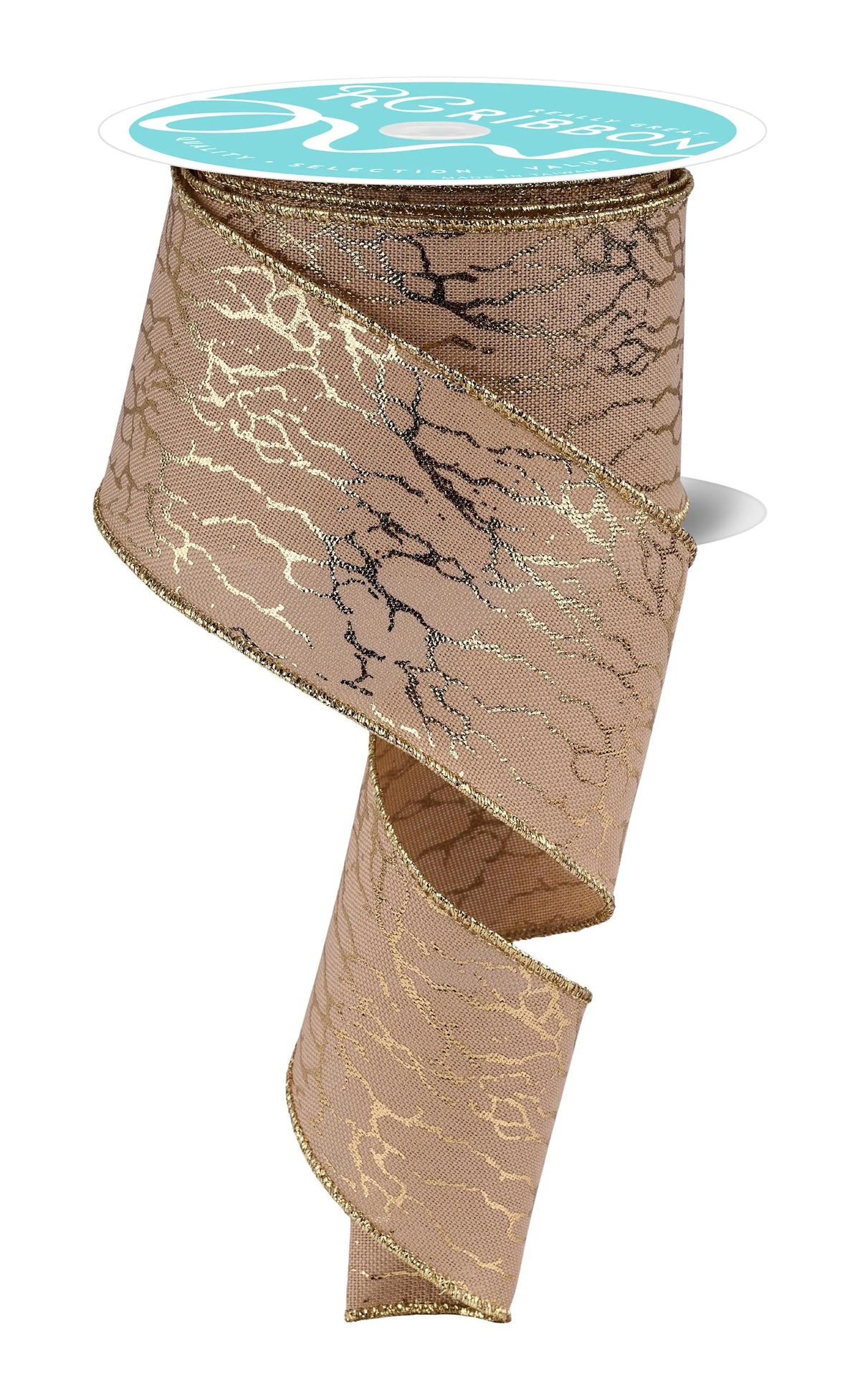 Beige Cracked Gold Foil Wired Ribbon – 2.5" x 10 Yards, Christmas Wreath Ribbon, Craft Supplies