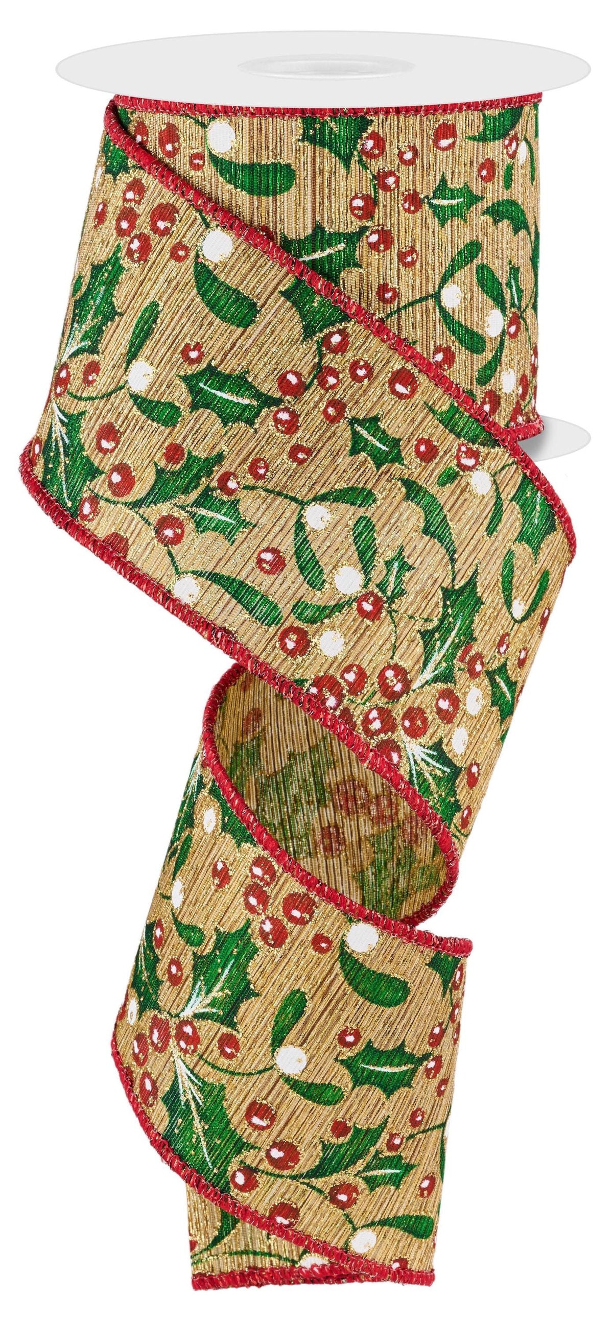 Holly Berry Mistletoe Tan Burlap Wired Ribbon by RG Ribbon 2.5" x 10 Yards, Christmas Wreath Ribbon, Craft Supplies