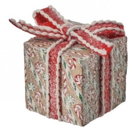 5" Gingerbread Peppermint Print Frosted Look Present Embellishment | Whimsical Wreath Pick | Holiday Embellishment | Wreath Supply