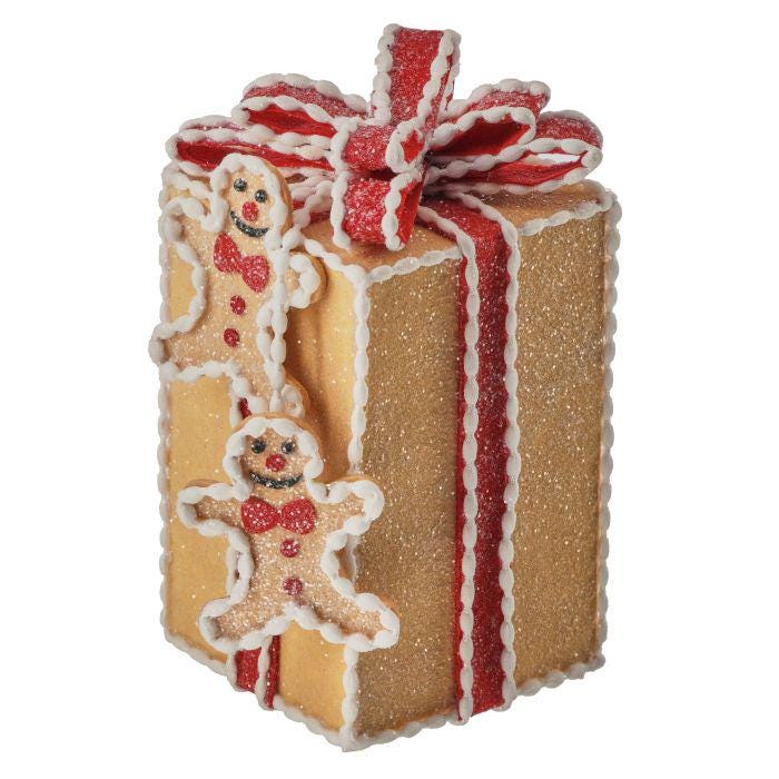 8" Gingerbread Frosted Look Present with Hanging Gingerbread Cookies Embellishment | Whimsical Wreath Holiday Embellishment | Wreath Supply