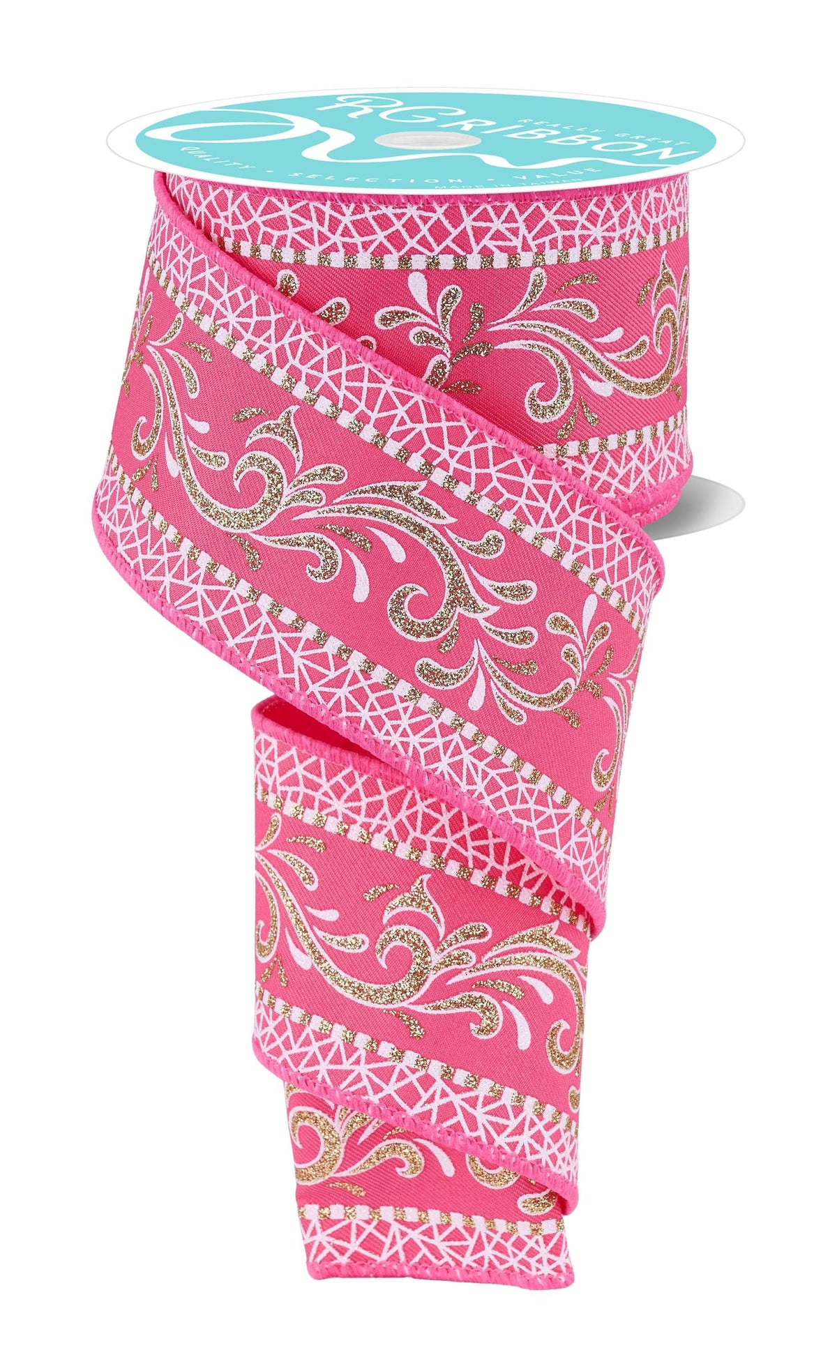 Pink Gold Multi Swirls Wired Ribbon 2.5" x 10 Yards, Spring Wreath Ribbon, Craft Supplies, Whimsical Ribbon