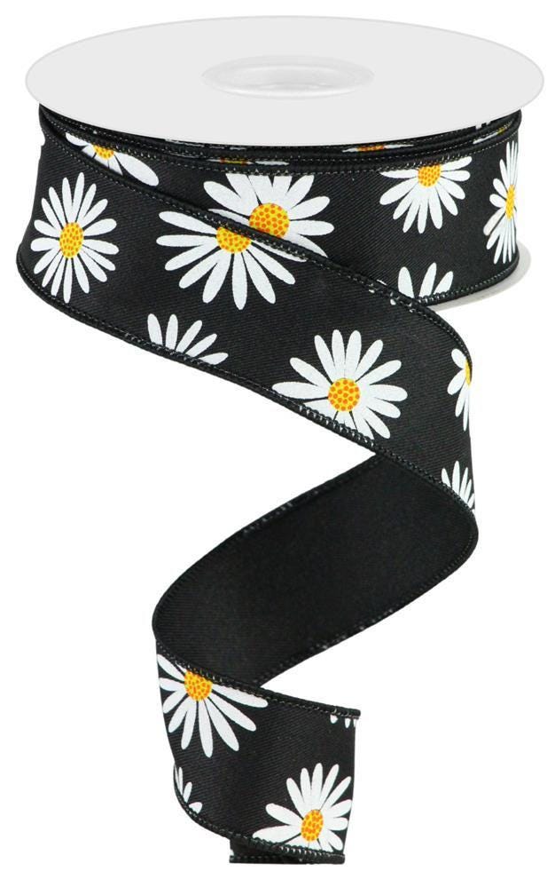 Black Daisy Wired Ribbon by RG Ribbon 1.5" x 10 Yards, Spring Summer Wreath Ribbon, Craft Supplies