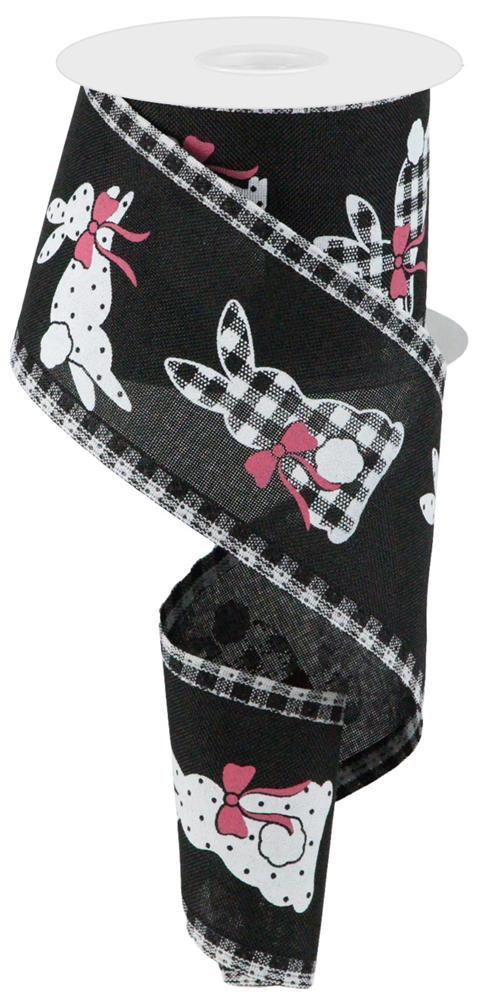 Bunny Bunnies on Royal Gingham Wired Ribbon by RG Ribbon 2.5" x 10 Yards, Spring Easter Wreath Ribbon, Craft Supplies