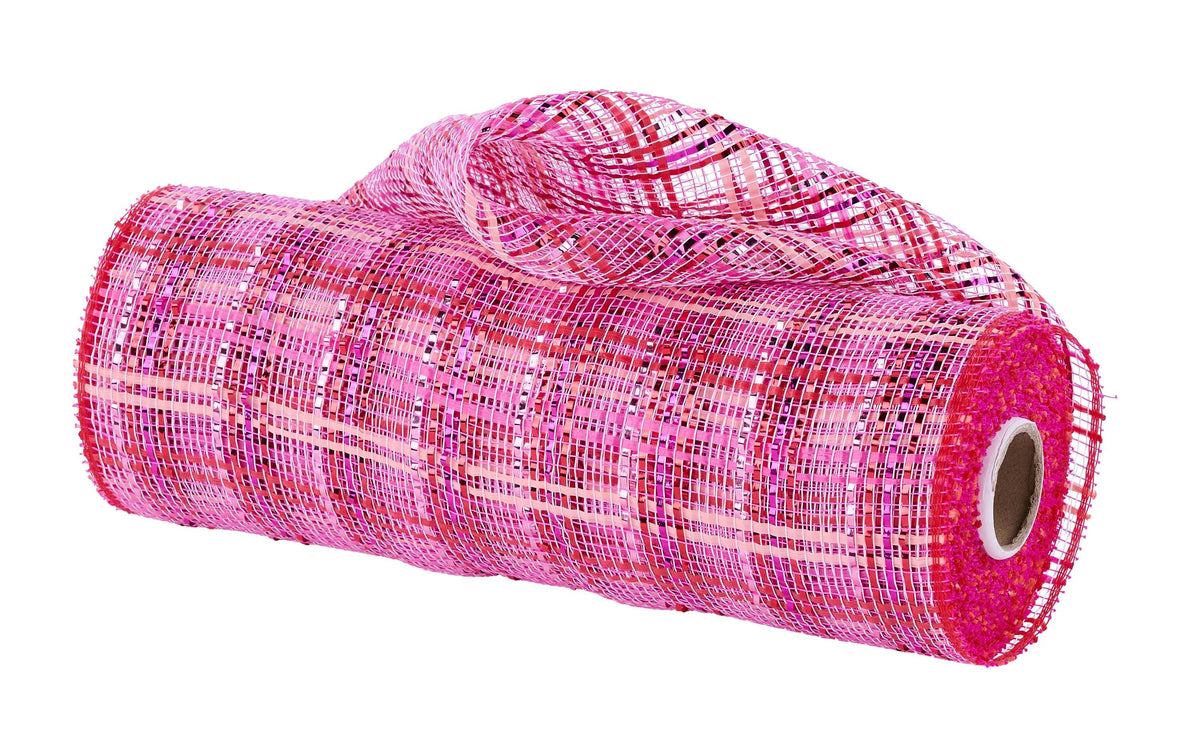 Vertical Foil Plaid Hot Pink, Pink, Red Deco Mesh -10 inches x 10yards, Poly Deco Mesh, Craft Supplies, DIY Crafts, Wreath Making