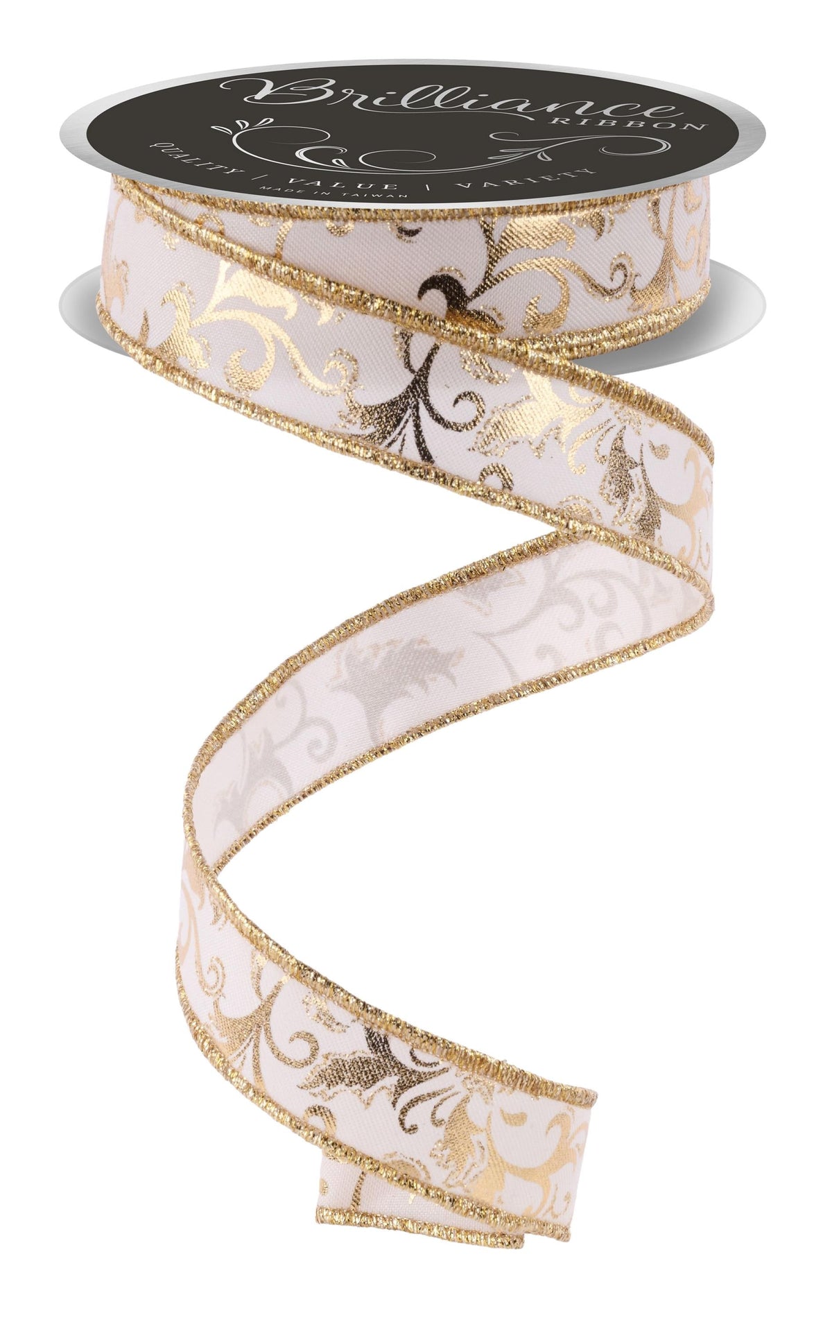 Ivory Gold Metallic Gold Foil Swirl Wired Ribbon 7/8" x 10 Yards, Everyday Valentine Wreath Ribbon, Craft Supplies