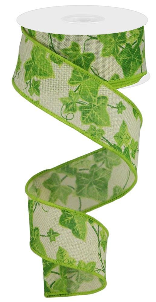 Ivy On Royal Burlap Wired Ribbon 1.5" x 10 Yards, Spring Summer Wreath Ribbon, Craft Supplies