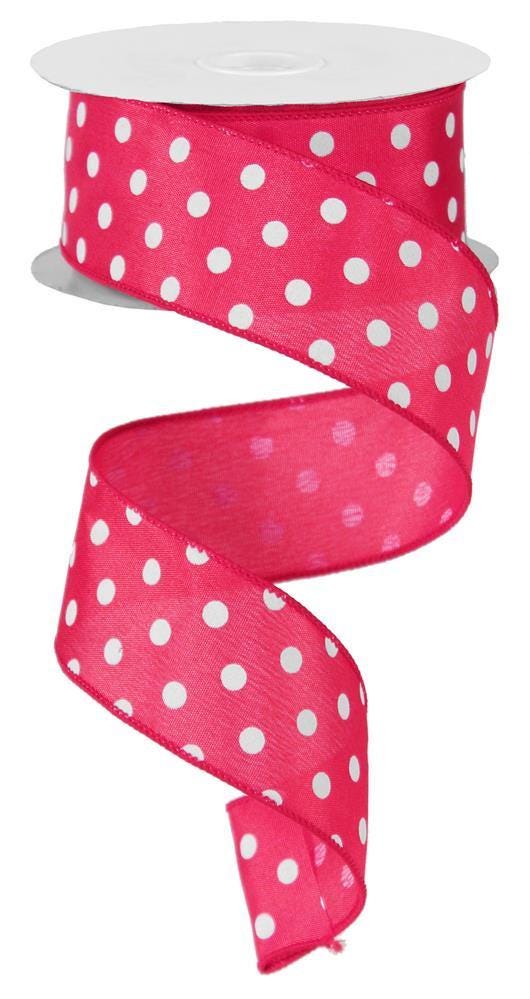 Small Polka Dot Hot Pink White Ivy Wired Ribbon by RG Ribbon 1.5" x 10 Yards, Spring Summer Wreath Ribbon, Craft Supplies