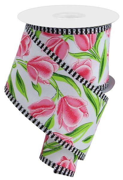 Tulip with Horizontal Black and White Striped Edge Wired Ribbon 2.5" x 10 Yards, Spring Summer Wreath Ribbon, Craft Supplies