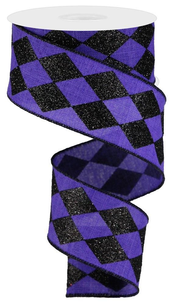 Glitter Harlequin Check Wired Ribbon 2" x 10 Yards, Wreath Ribbon, Craft Supplies, Halloween Everyday Ribbon