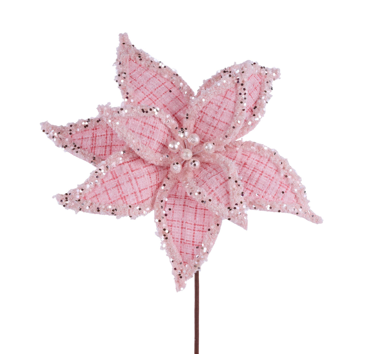 11.75" Diameter Pink Plaid Velvet Poinsettia Stem, Wreath Embellishment, Wreath Supplies, Home Decor, Greenery, DIY Craft Supply