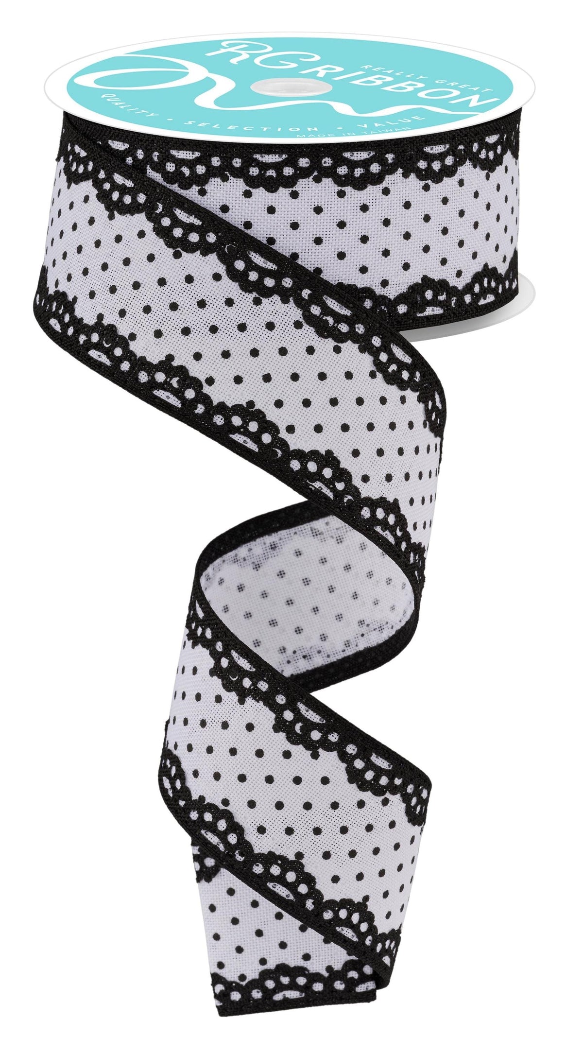 Raised Swiss Dot with Lace Edge Black and White Wired Ribbon by RG Ribbon 1.5" x 10 Yards, Wreath Ribbon, Craft Supplies