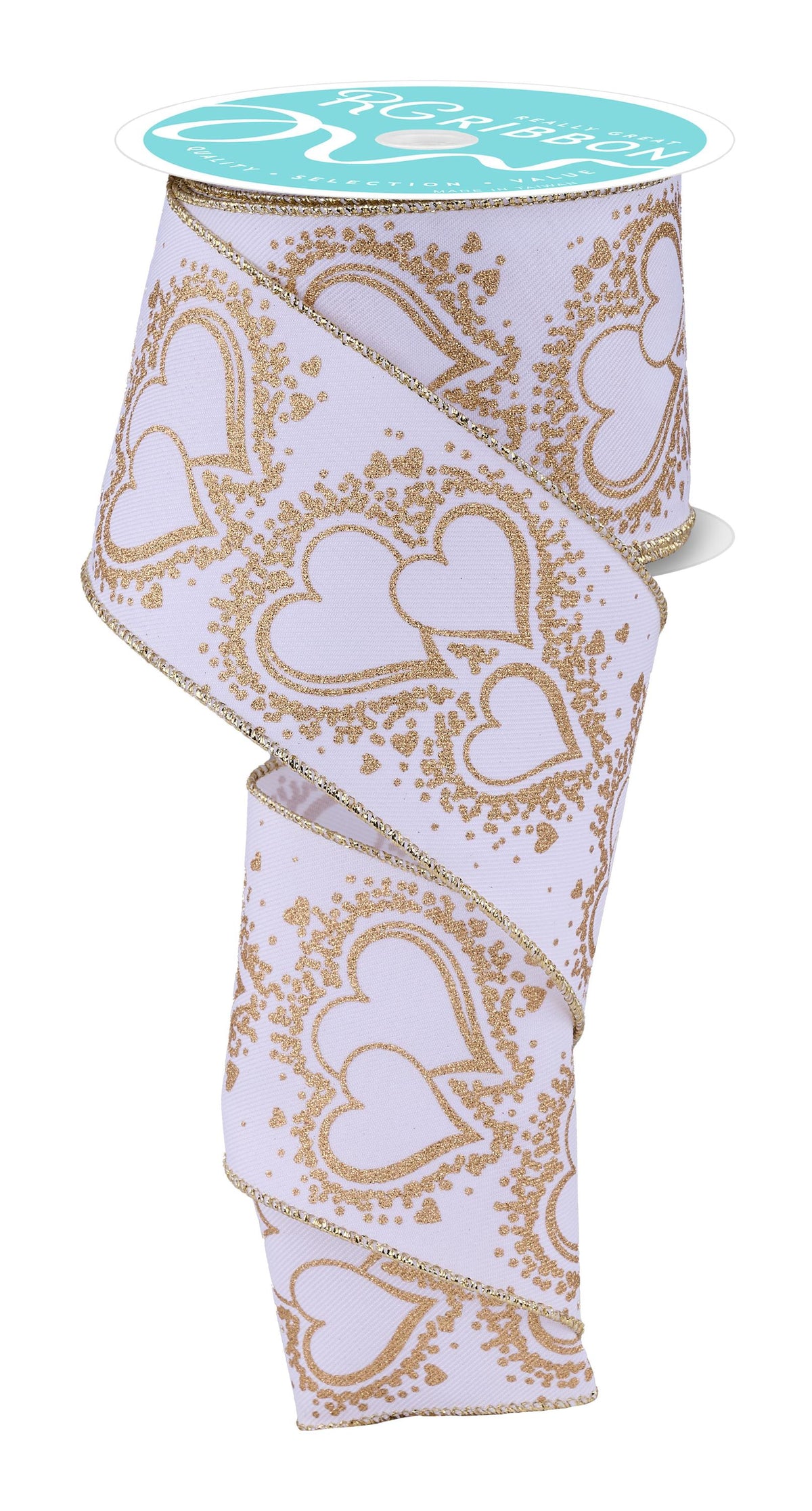 Valentine Gold Heart Wired Ribbon 2.5" x 10 Yards, Wreath Ribbon, Craft Supplies, Valentine Ribbon