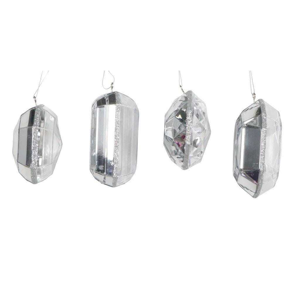 4 Pack Vickerman 4-5" Silver Jewel Glitter Gem Ornament Assorted Shapes, Wreath Embellishment, Valentine, Wreath Supply