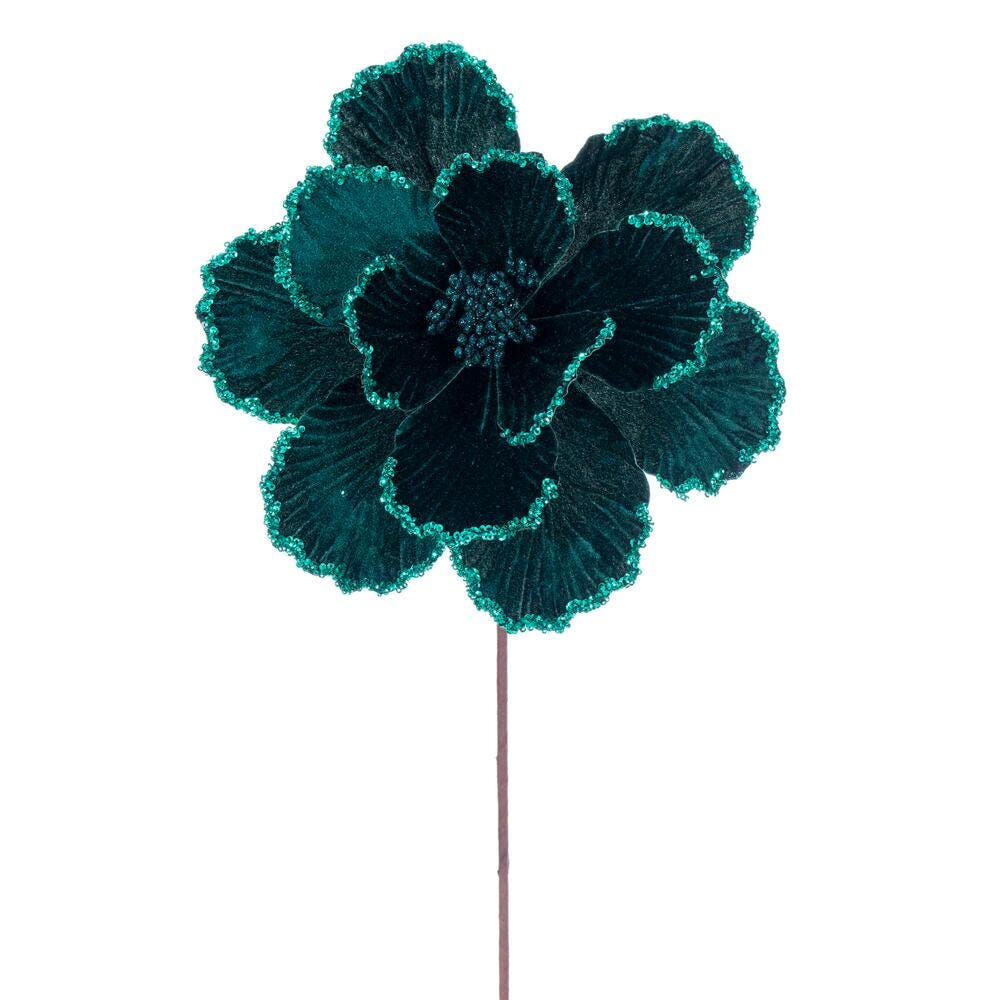 Midnight Green 10" x 20" Velvet Bead Trim Magnolia Stem Spring Christmas Wreath Pick | Holiday Embellishment | DIY Wreath Supply