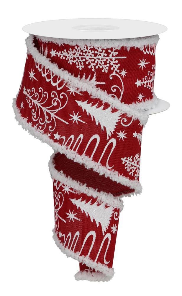 Red and White Multi Tree with Drift Rust Wired Ribbon by RG Ribbon 2.5" x 10 Yards, Wreath Ribbon, Craft Supplies, Winter, Christmas
