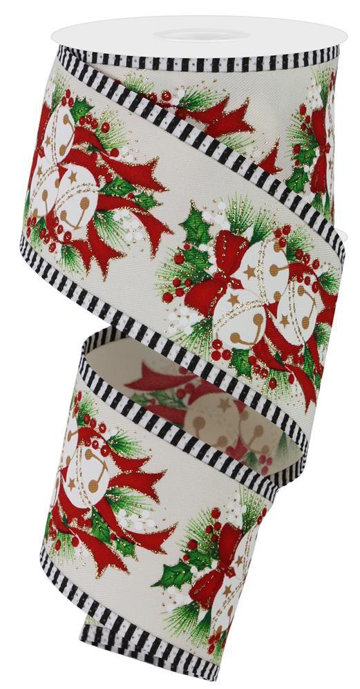 Jingle Bell Holly Berry Stripe Wired Ribbon by RG Ribbon 2.5" x 10 Yards, Wreath Ribbon, Craft Supplies, Christmas Ribbon