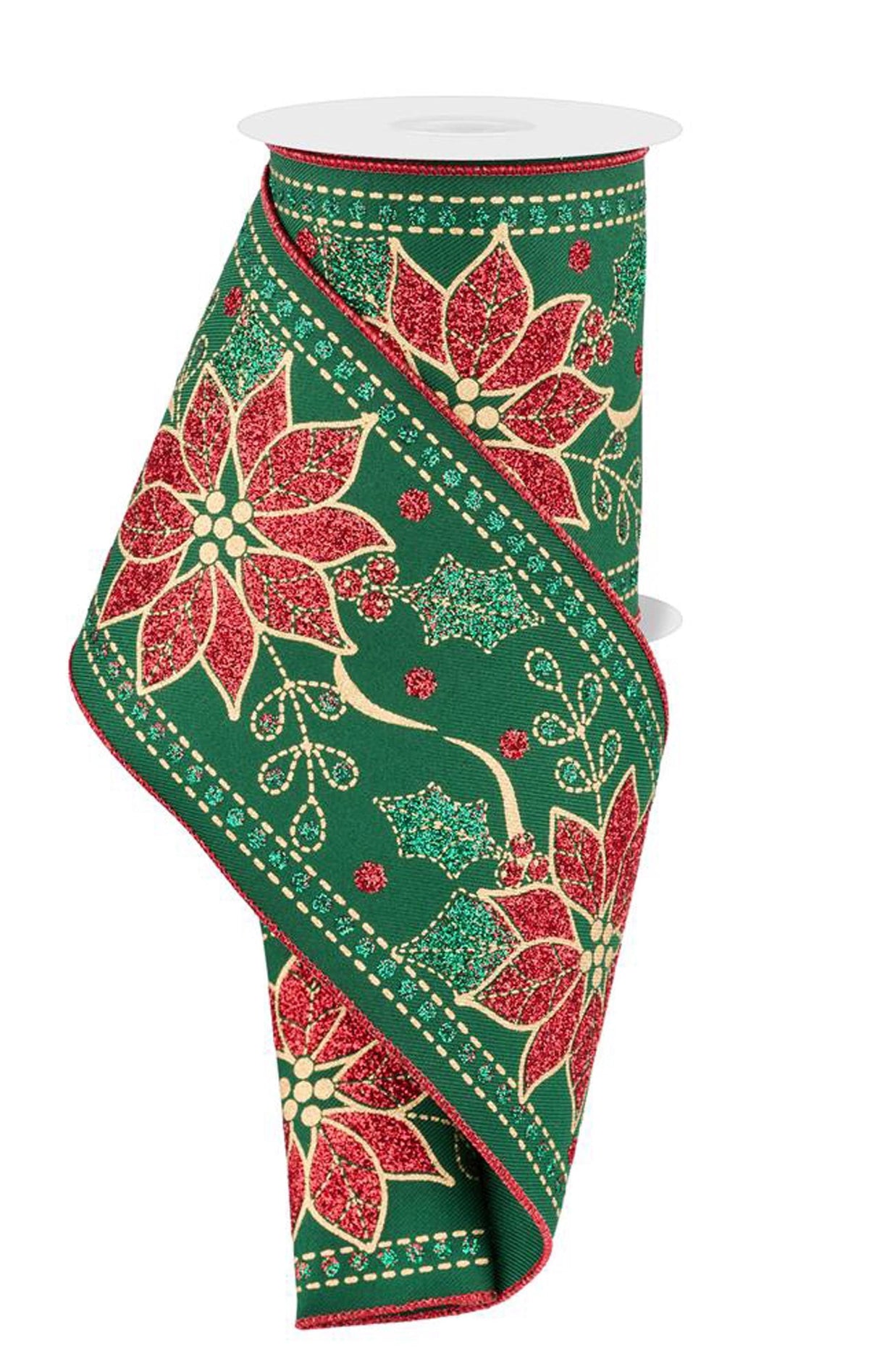 Deluxe Poinsettia Green Wired Ribbon by RG Ribbon 4" x 10 Yards, Wreath Ribbon, Craft Supplies, Christmas Ribbon