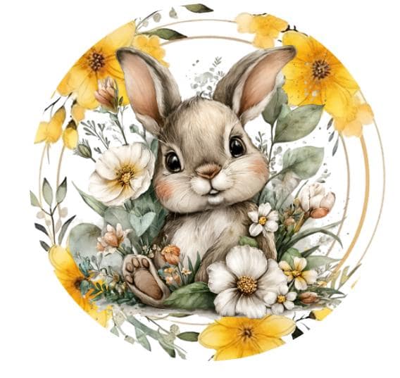 10 Easter Bunny Yellow Floral Wreath Sign, Metal Wreath Sign, Home Decor, Spring Sign
