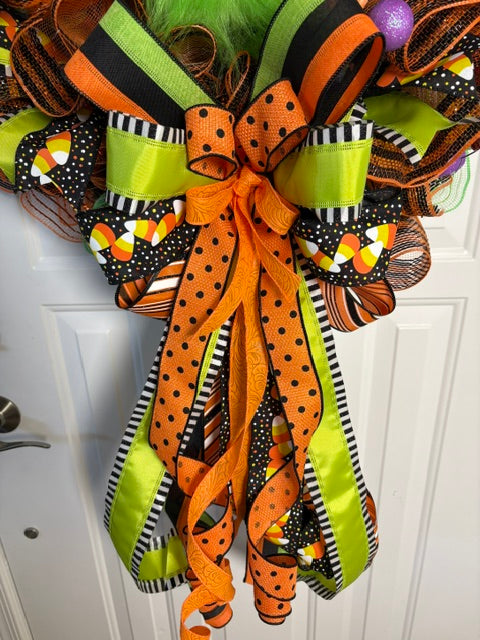Green Furry One-Eyed Monster Halloween Wreath – Cute Spooky Door Décor with Candy Corn & Glitter Gumballs
